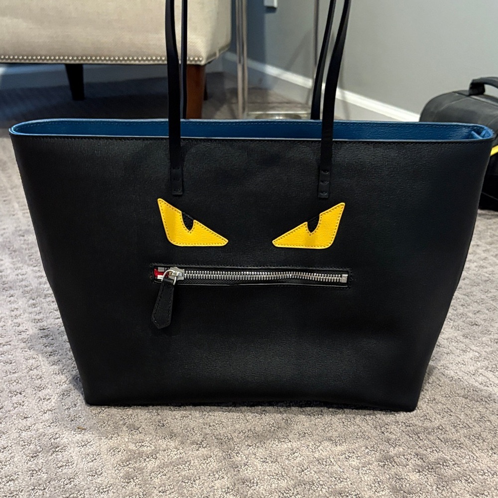 Copy Fendi Black Tote Bag with Yellow Eyes and Zipper